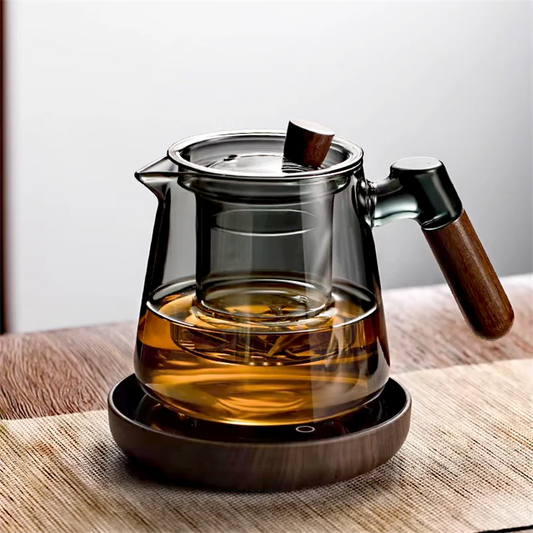 600ml Walnut Wooden Handle Glass Teapot with Tea Water Separation Filter