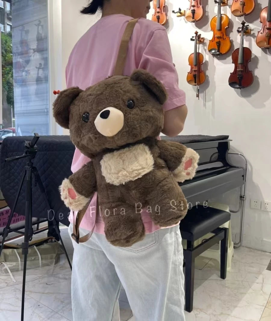 Y2K Cute Brown Bear Plush Backpack Soft Shoulder Bag