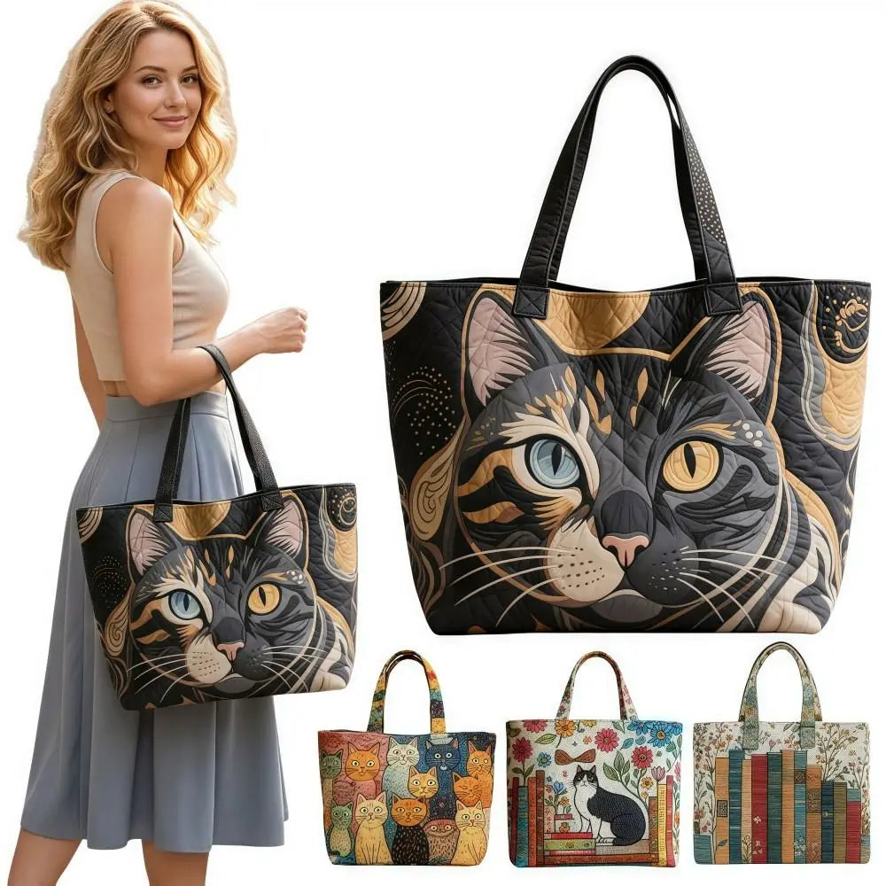 Vintage Quilted Canvas Tote Bag Large Capacity 3D Printed Shopping Handbag