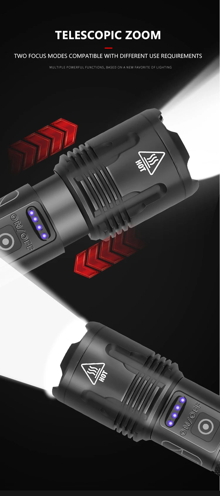 High Power Tactical Flashlight Rechargeable Zoom LED Torch with 5 Charging Modes Pen Clip