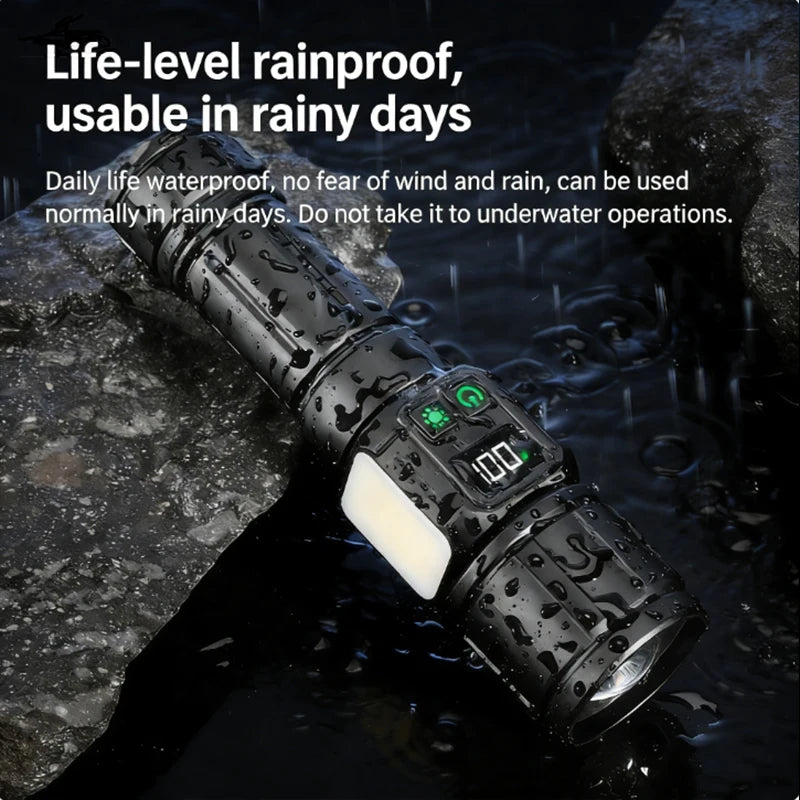 Rechargeable LED Flashlight With Magnetic Base COB Light Zoom And Power Display