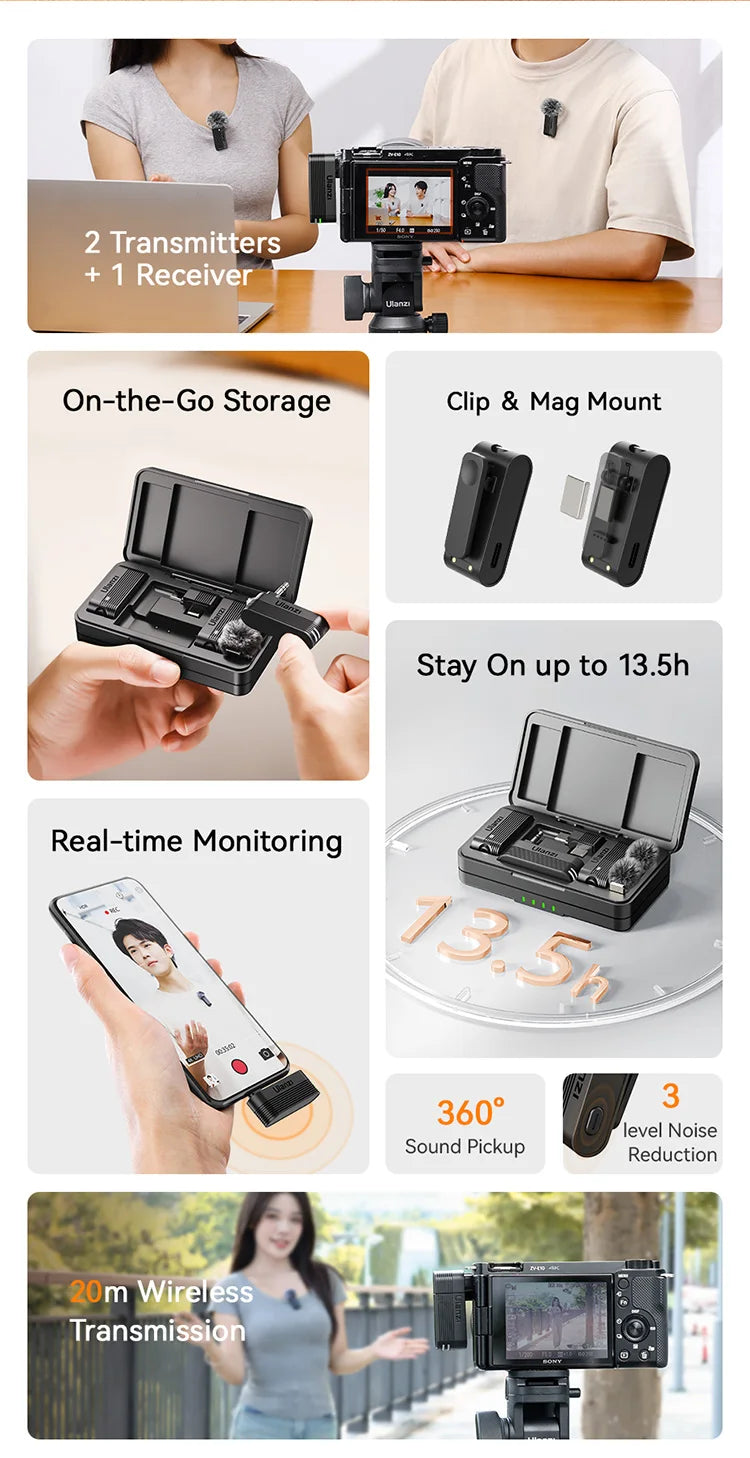 Wireless Lavalier Microphone for iPhone Android Camera Dual Mic with Charging Case