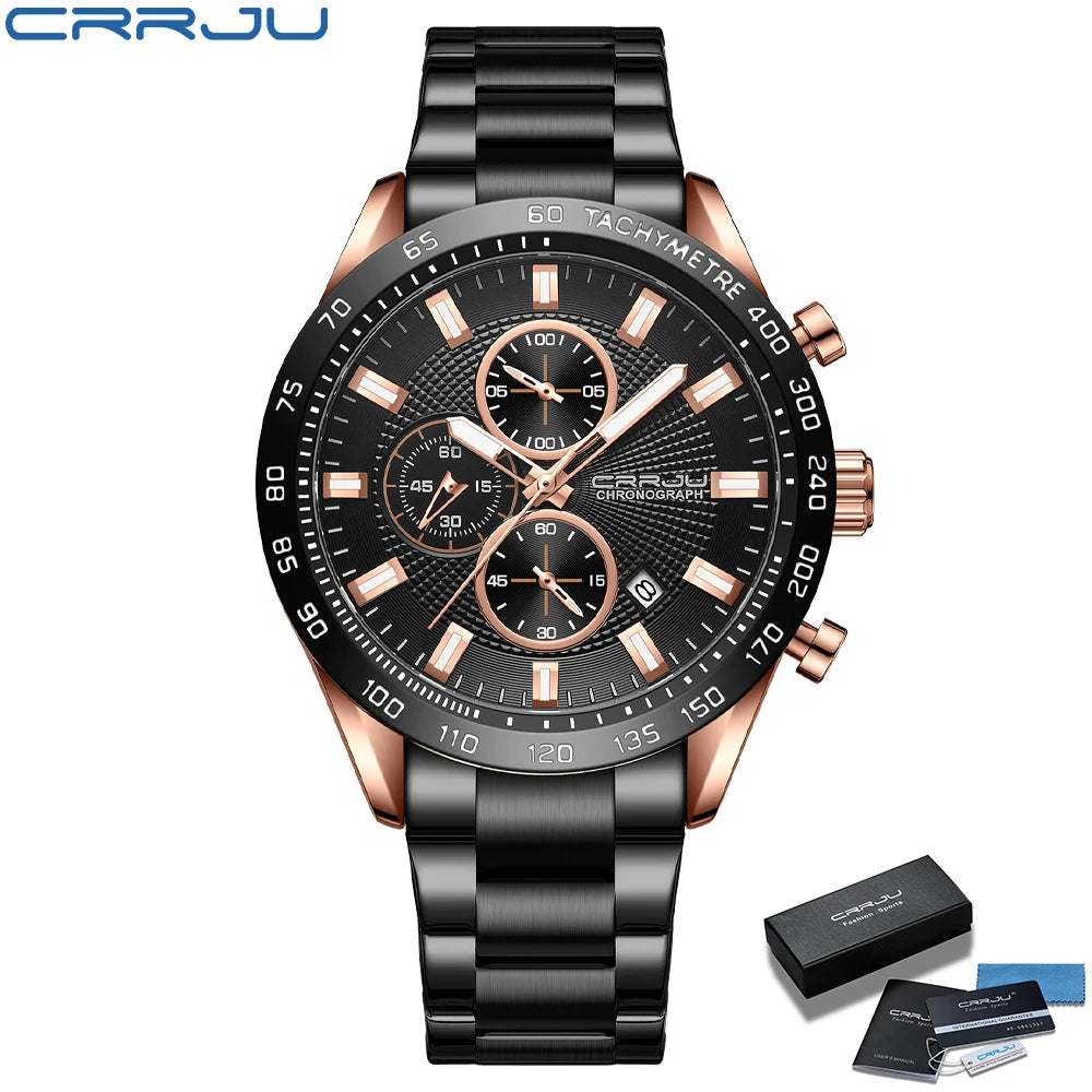 Men Watch Fashion Sports Chronograph Wristwatches Stainless Steel Strap with Auto Date