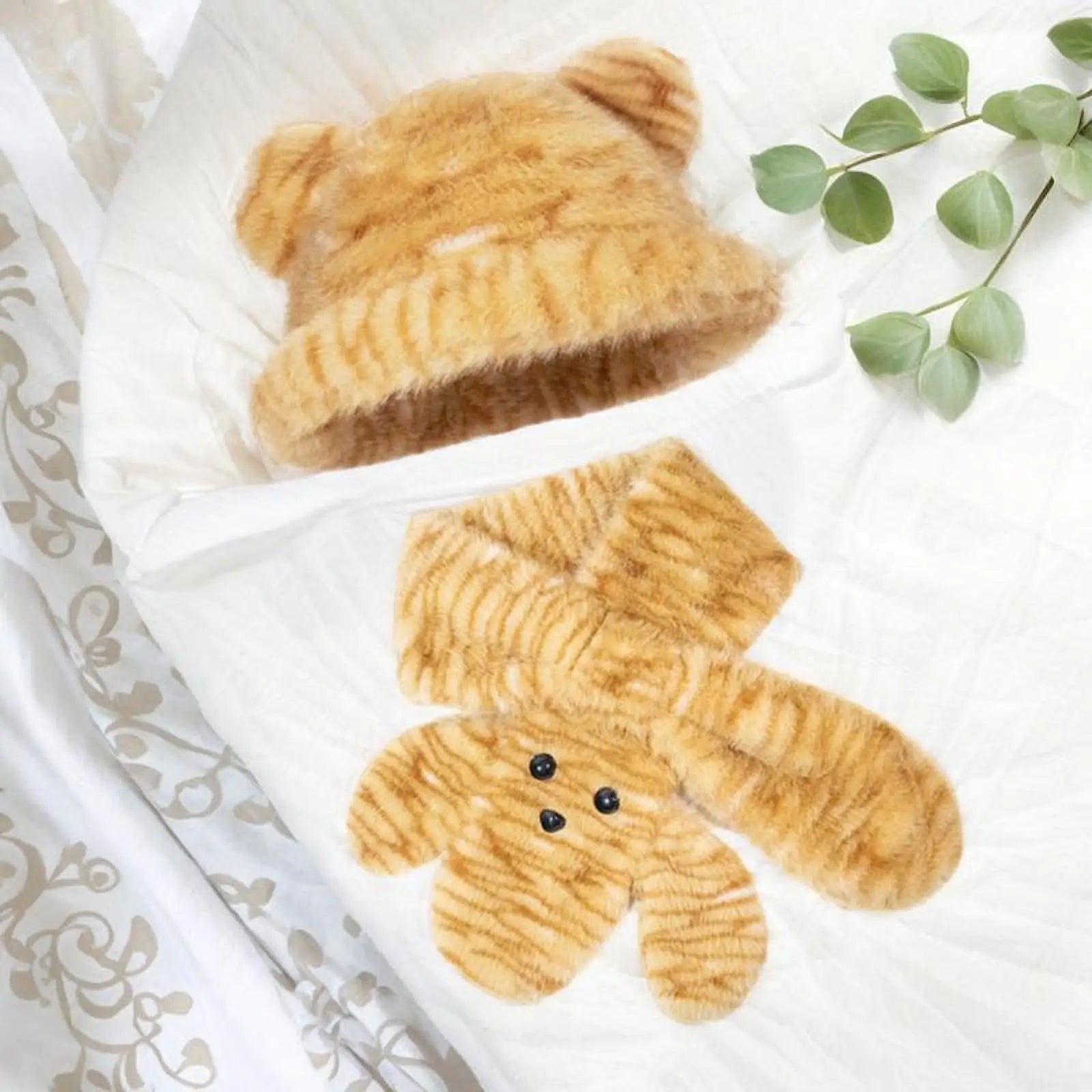 Tiger Printed Hat with Plush Scarf Cap Bear Ears Hat for Cold Weather Travel