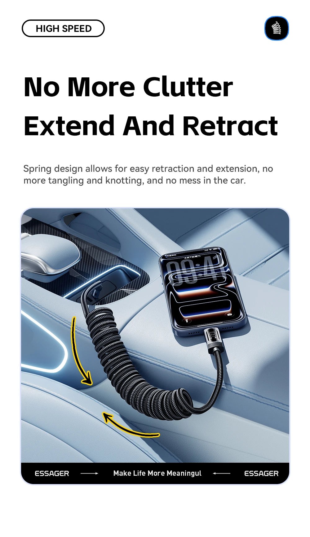 100W Car Spring USB-C to USB-C Fast Charging Cable (Retractable)