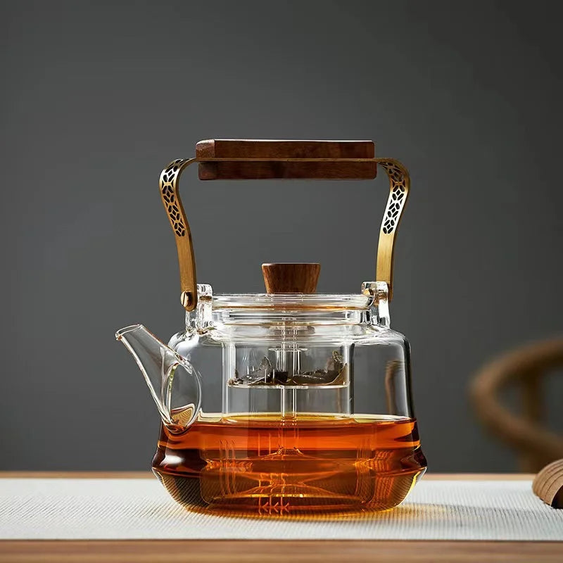 Japanese Heat Resistant Glass Tea Pot with Infuser Copper Wood Handle 1150ml High Borosilicate Tea Kettle