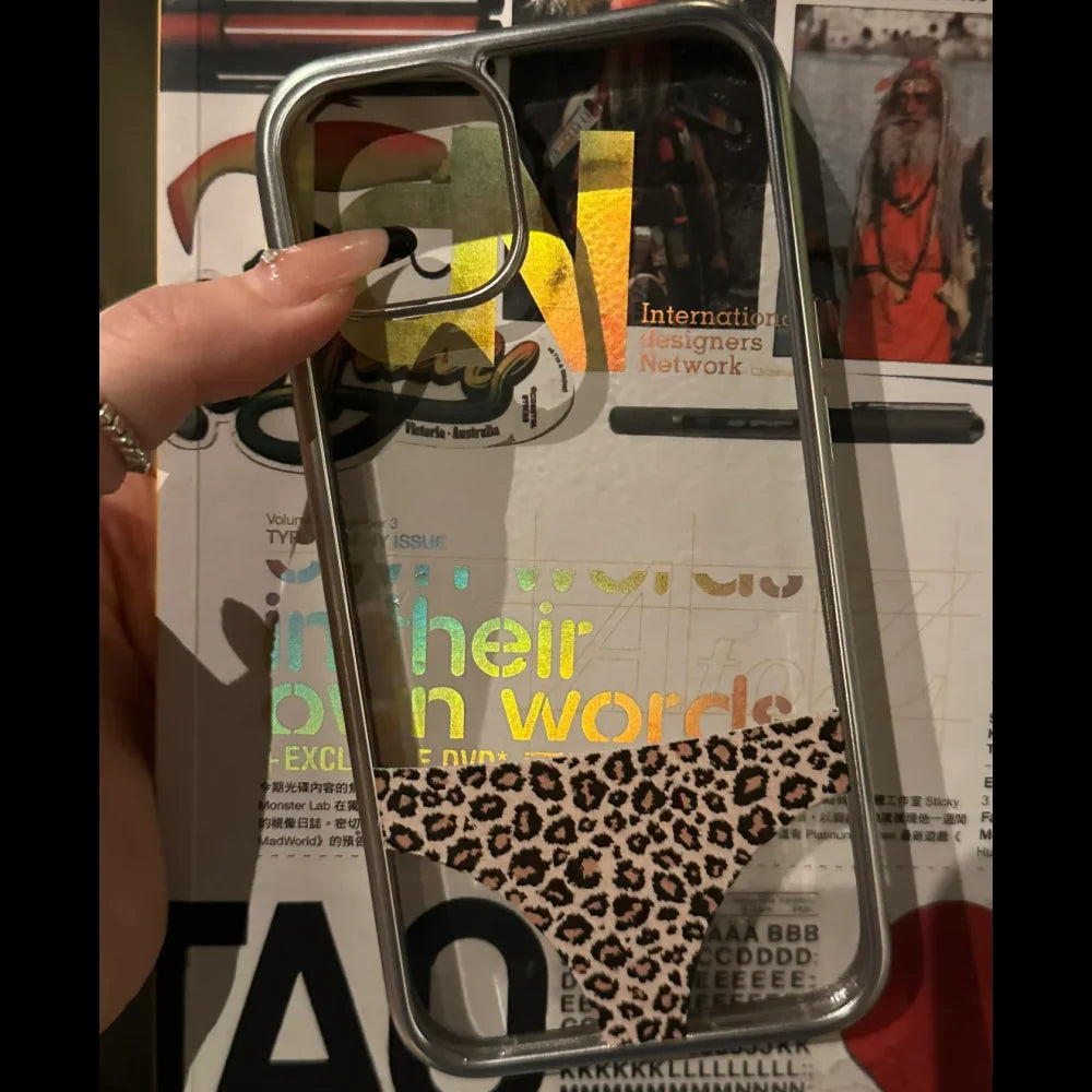 Funny Leopard Prints Panties Clear Phone Case For iPhone 16 15 13 14 Pro Max INS Creative Plating Frame Soft Silicone Cover