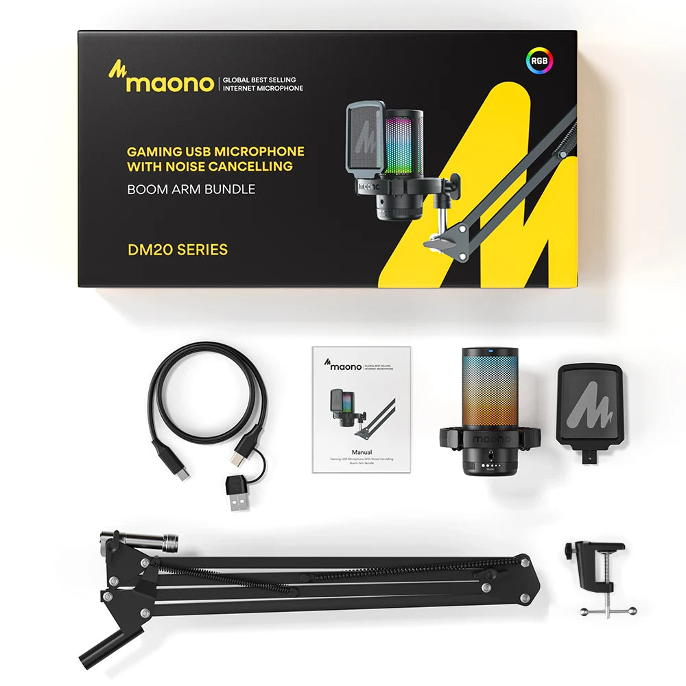 DGM20S USB Microphone Gaming Mic Condenser Mic RGB Mic Noise Canceling Mic with Mic Gain,RGB Light,One key mute