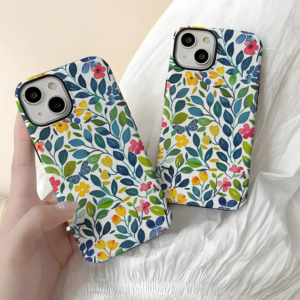 Flower Flora Green Leafs 2 in 1 Phone Case for iPhone 16 15 Pro Max 16 Plus Double Deck Shockproof Protective Cover