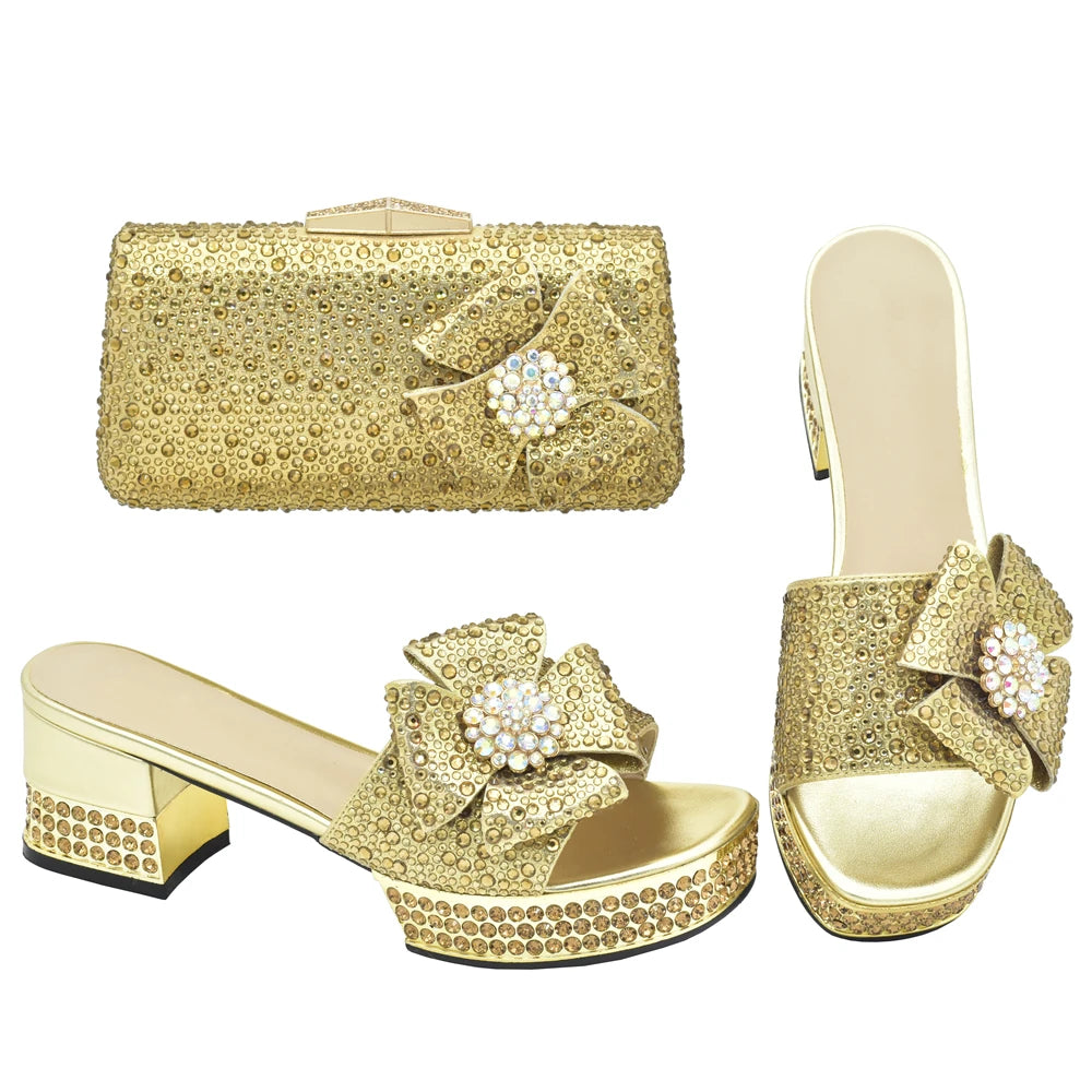 Nigerian Italian Shoes and Bags Set Decorated with Rhinestone Luxury Shoe and Bag Set for Party in Women