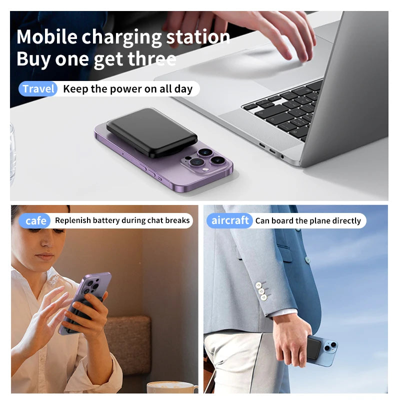 Portable Magnetic Power Bank 5000mAh 3-in-1 Wireless 15W Fast Charing Battery for iPhone 17 16 15 14 13 12 Pro Watch Airpods