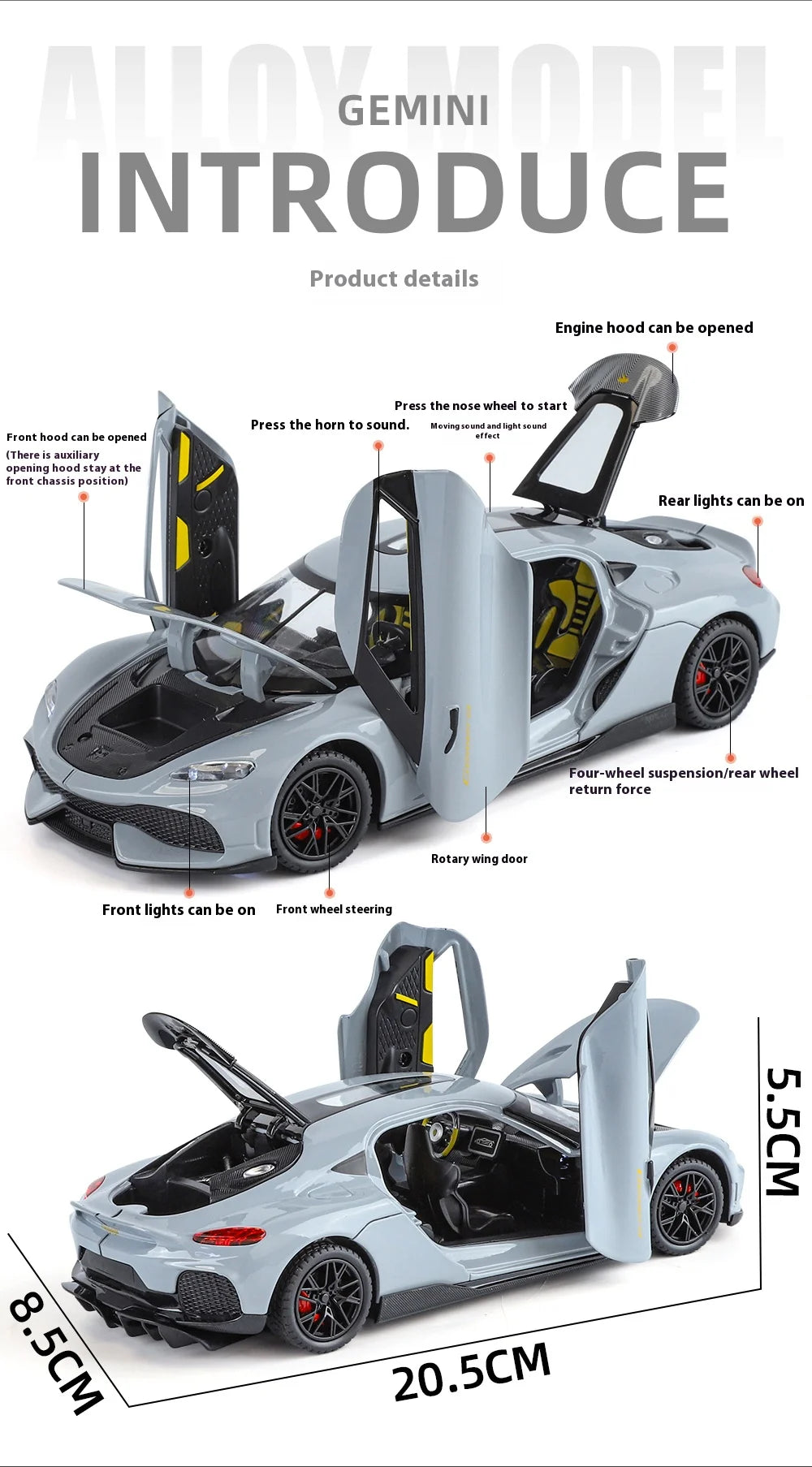 1:24 Gemera GT Sports Car Alloy Diecast Metal Model Sound Light Pull Back Toy Boys Simulation Car Model Ornament Present
