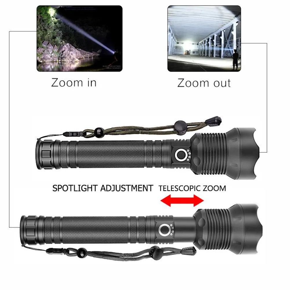 XHP70.2 LED Flashlight Rechargeable Zoom Tactical Torch USB Waterproof Camping Hunting Light