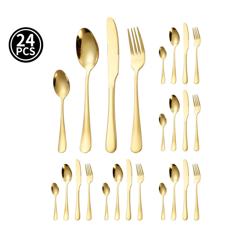 24pcs Golden Tableware Set Light Luxury Stainless Steel Cutlery Fork Knife Spoon Dinnerware Set Minimalist Decor with Gift Box