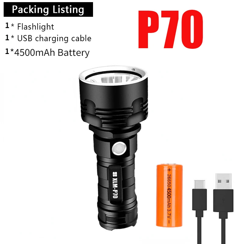 P70 LED Flashlight High Power USB Rechargeable Torch 26650 Battery Waterproof Outdoor Camping Light