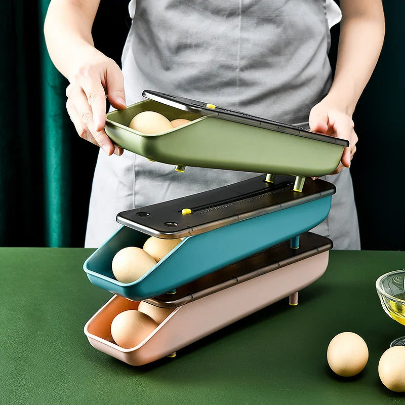 Automatic Rolling Egg Storage Box – Plastic Refrigerator Egg Holder Tray Kitchen Storage Container