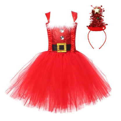 Sparkly Christmas Elf Tutu Dress for Girls Santa Claus Costumes for Kids Birthday Halloween Outfit Children Xmas Holiday Clothes