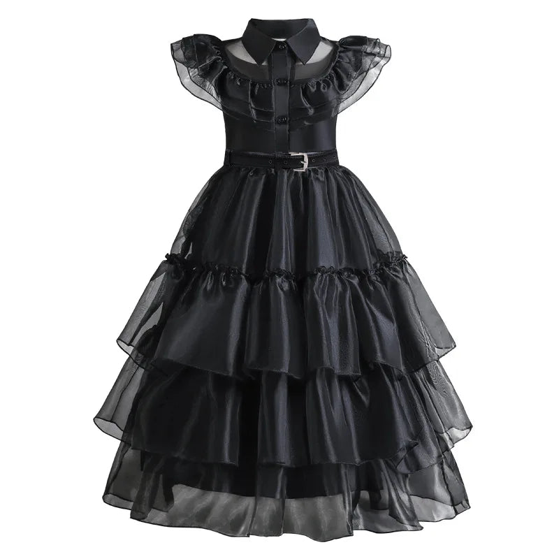 Girls Mesh Hollowed Out Cake Long Dress Cosplay American Drama Matching Ball Dress Black Kids Cospaly Dresses for Halloween