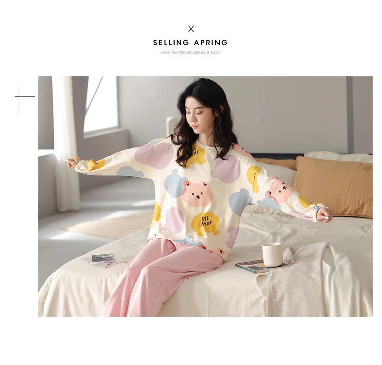 Women’s Cute Lazy Style Cotton Pajama Set – Soft, Loose Long Sleeves & Pants