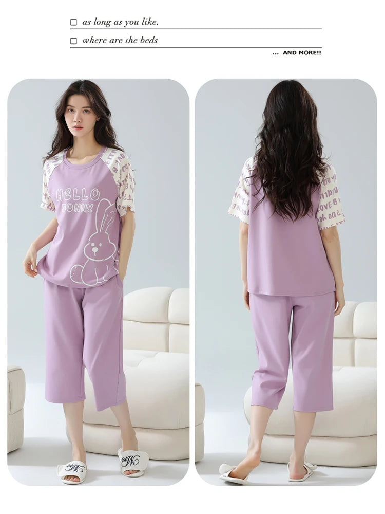 2-Pcs Women’s Cotton Pajama Set – Breathable Short Sleeve Summer Sleepwear with Cute Prints
