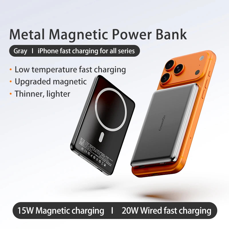 Metal Magnetic Wireless Power Bank 20W USB-C Fast Charging Protable External Battery for iPhone 17 16 15 14 13 12 Smartphone