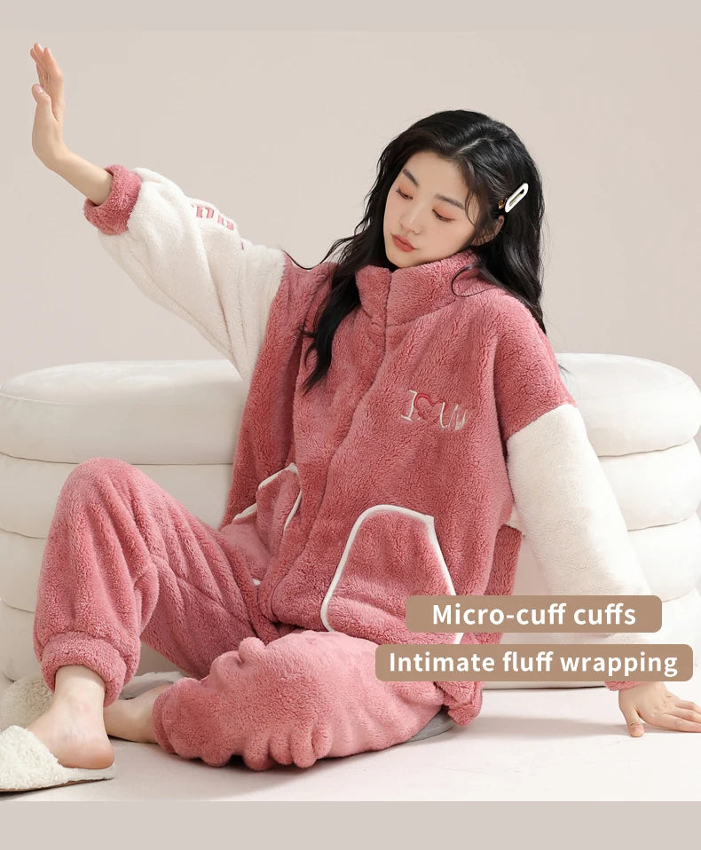 Women’s Winter Flannel Pajama Set – Warm Coral Fleece Loungewear with Cute Bunny Design