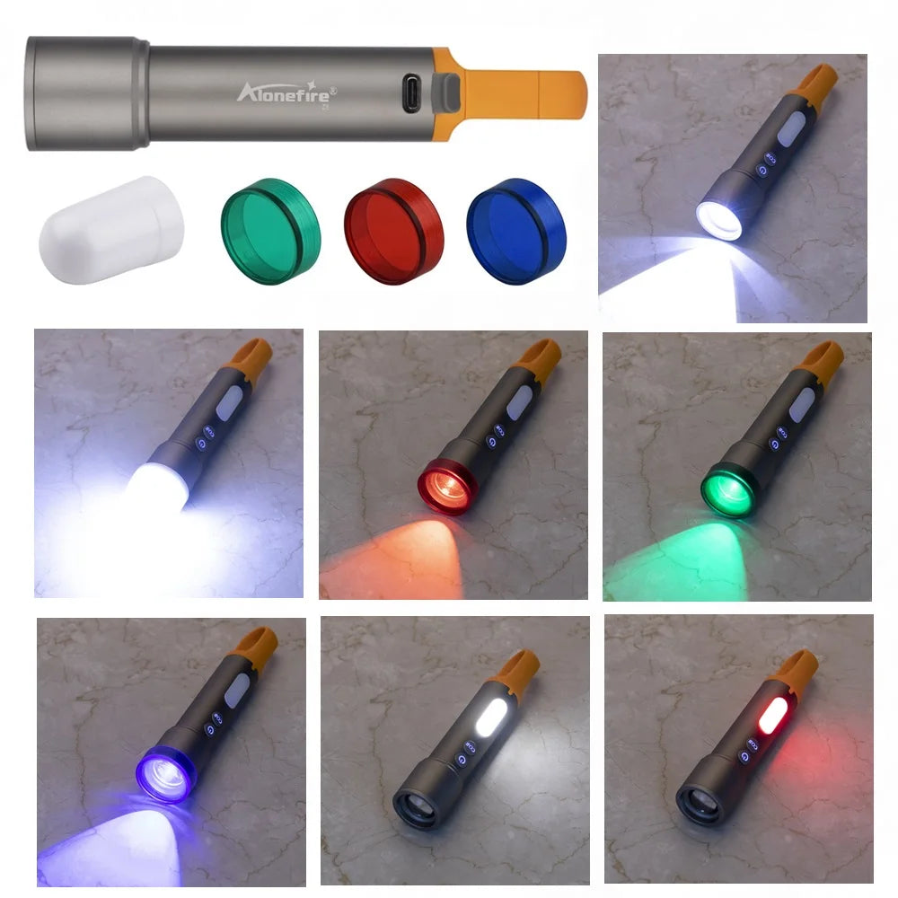 12W Zoom Rechargeable LED Flashlight With Red Green Blue And White Light