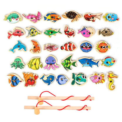 Kids Fishing Toys Montessori Wooden Magnetic Fishing Game Set Cartoon Fishing Rod Educational Toys for Kids Christmas Gift