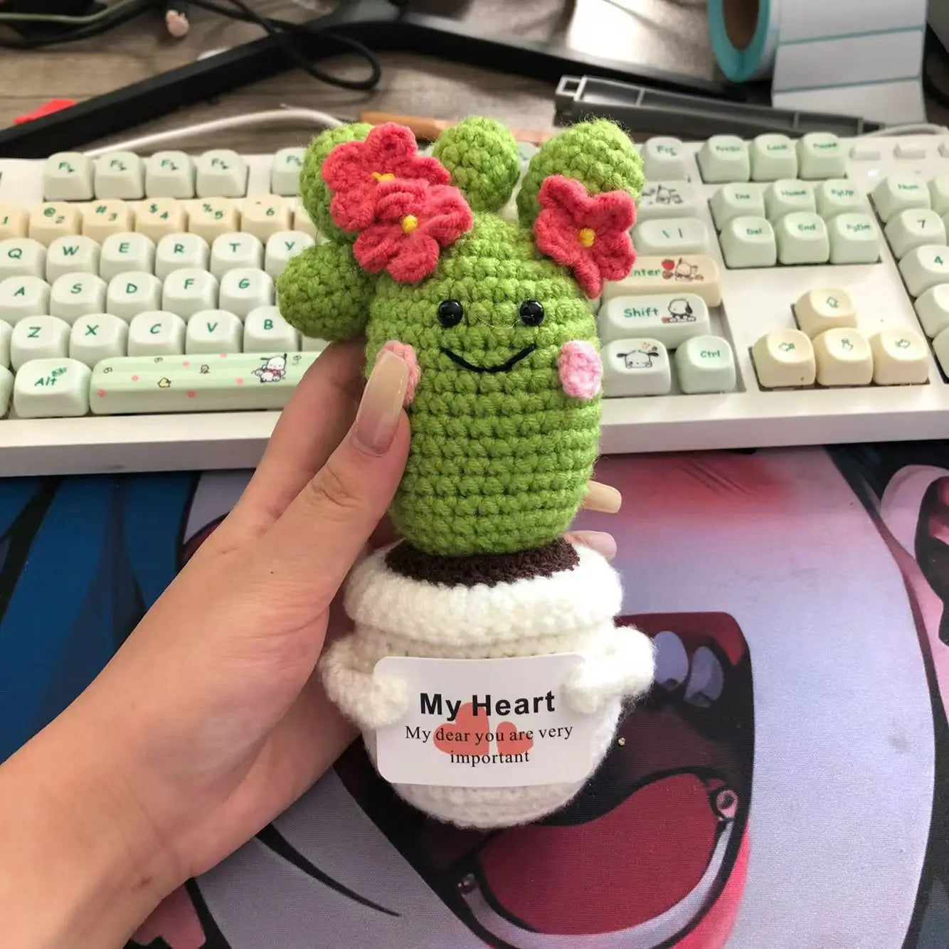 2 Pcs Funny Handmade Knitted Cactus Plants Ornament Home Room Decor Crochet Positive Cactus Doll With Emotional Card Christmas Gift