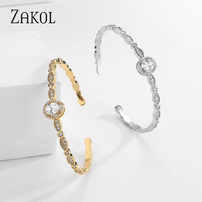 Elegant Oval Cubic Zirconia Charm Cuff Bangles for Women Luxury Gold Color Bracelets