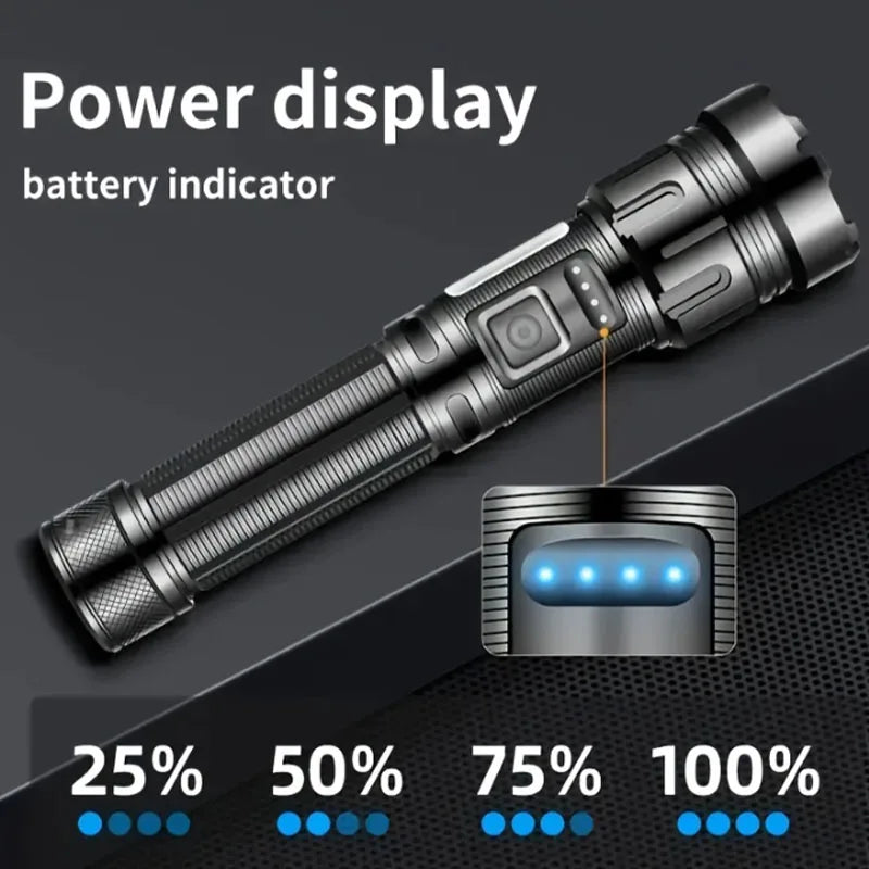 Rechargeable LED Flashlight With Magnetic Base Zoom And Power Display