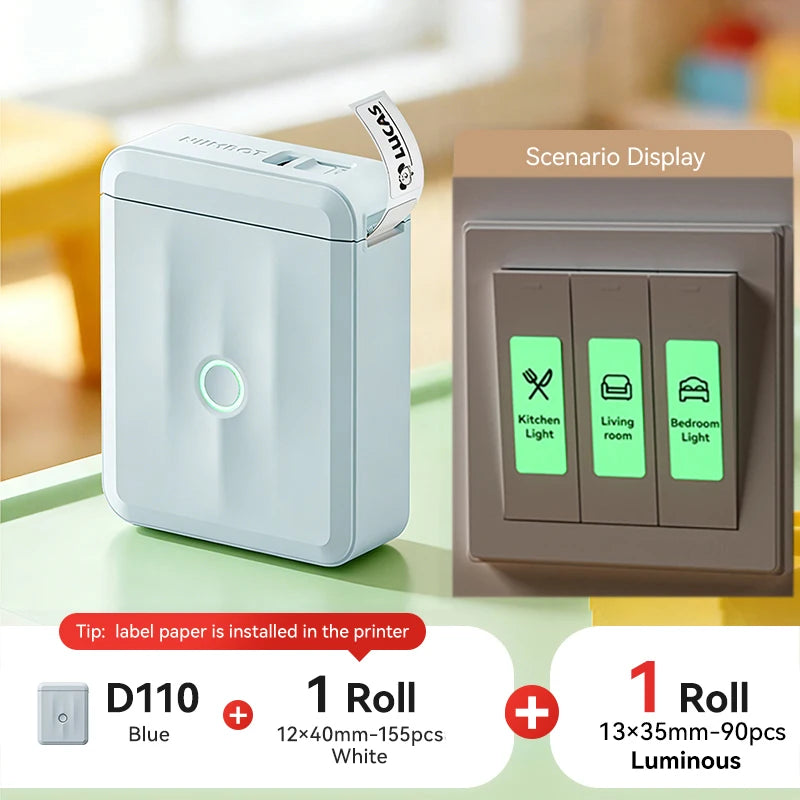 D110 Mini Portable Thermal Label Printer, Bluetooth Smart Label Maker with Adhesive Tape, Inkless 203 DPI for Home, Office & School