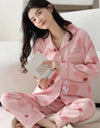 Women’s Winter 100% Cotton Pajama Set – Loose Fit, Turn-Down Collar, Long Sleeves, Cute Pink