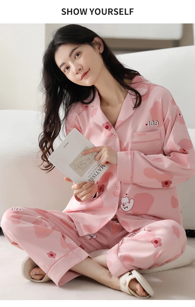 Women’s Winter 100% Cotton Pajama Set – Loose Fit, Turn-Down Collar, Long Sleeves, Cute Pink