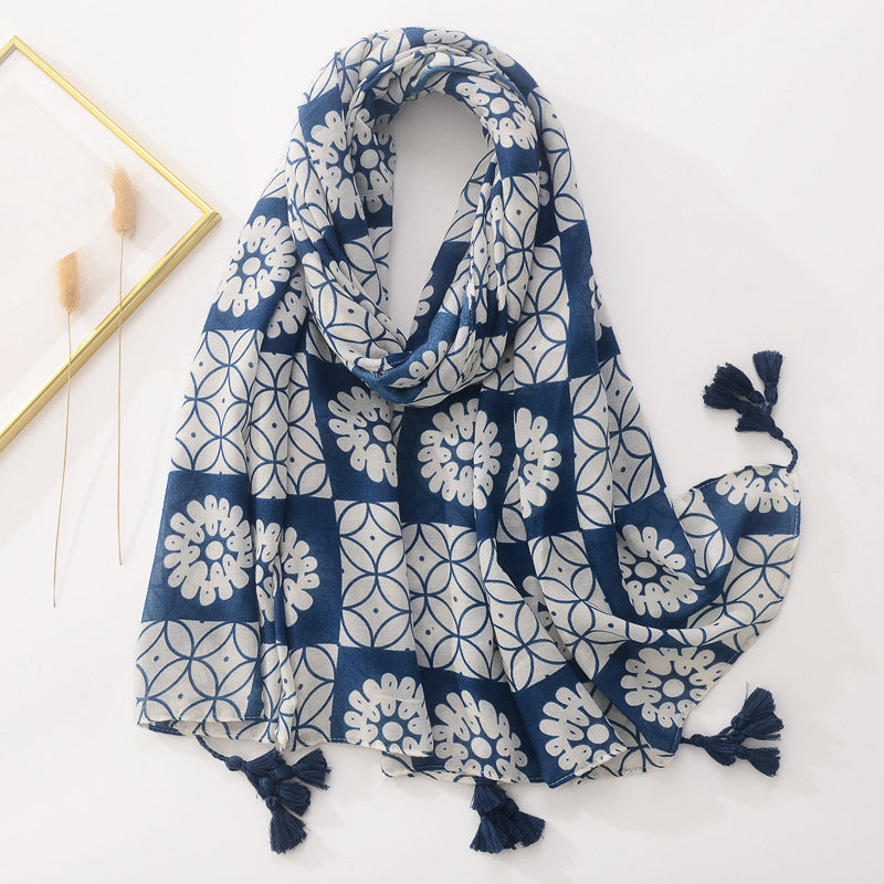 Spring Scarf Pink Blue Floral Paisley Printed Scarves Women Lady Girl Cotton Linen Bohemian Scarf For Summer Beach Shawl Bandana