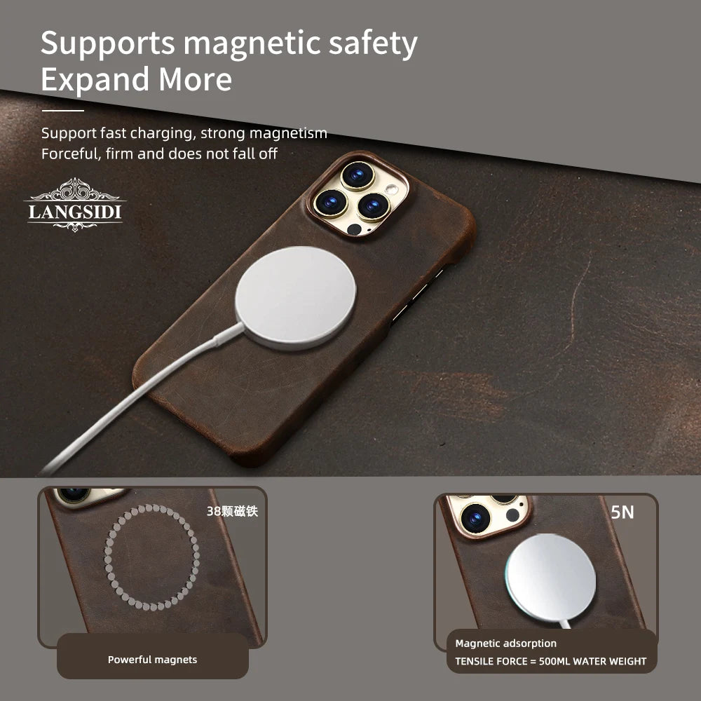 for Magsafe Case for iPhone 15 16 Pro Max 16Pro Retro Luxury Full Grain Cowhide Genuine Oiled PULL-UP Leather  Cover