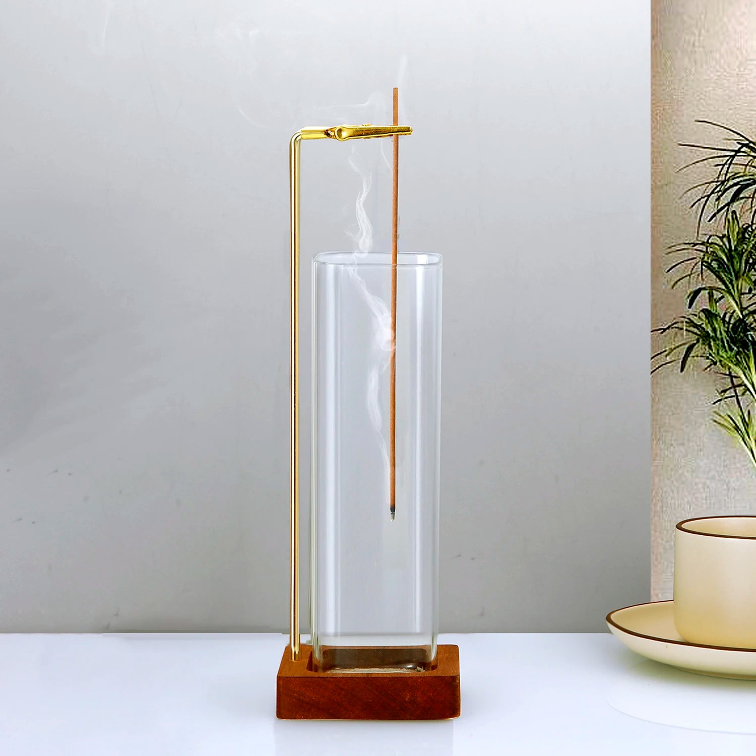 Wooden Incense Holder for Sticks with Glass Ash Catcher Anti-Ash Flying Incense Burner for Yoga Home Decor
