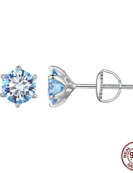 Ocean Blue 1ct D VVS1 Moissanite Stud Earrings Wedding Jewelry Women 925 Sterling Silver 5MM Round Diamond Studs