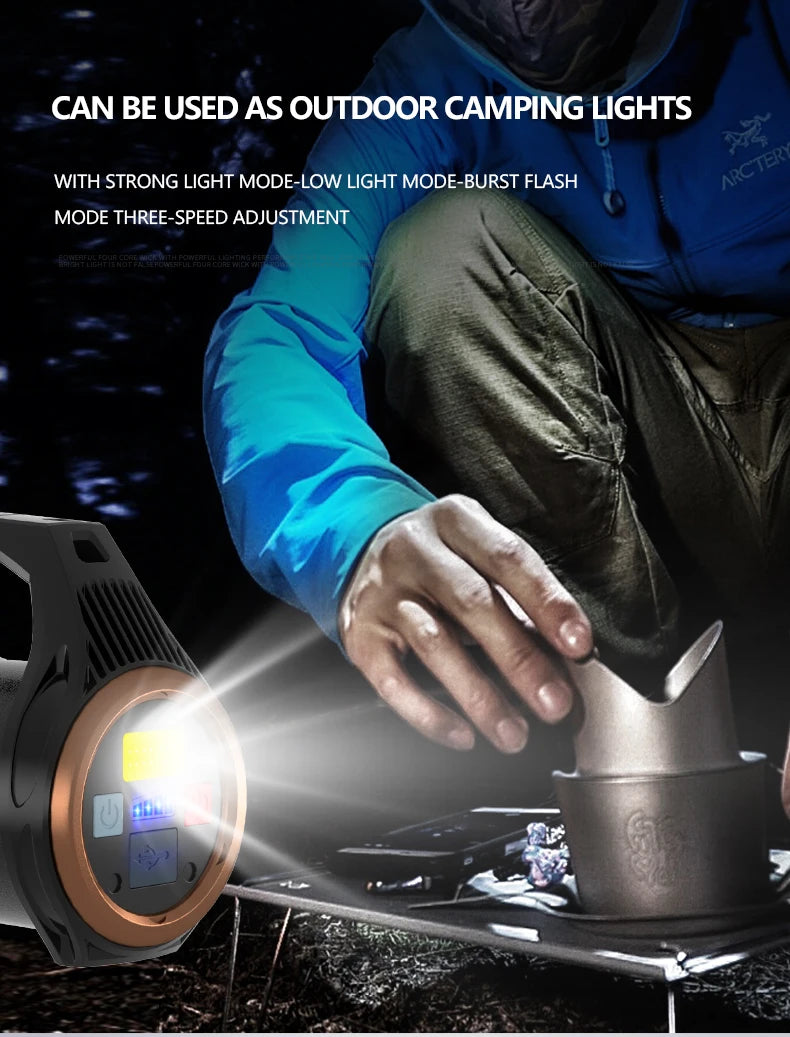 uper Bright Rechargeable Spotlight Rotating Zoom LED Flashlight with COB Sensor Light Power Bank