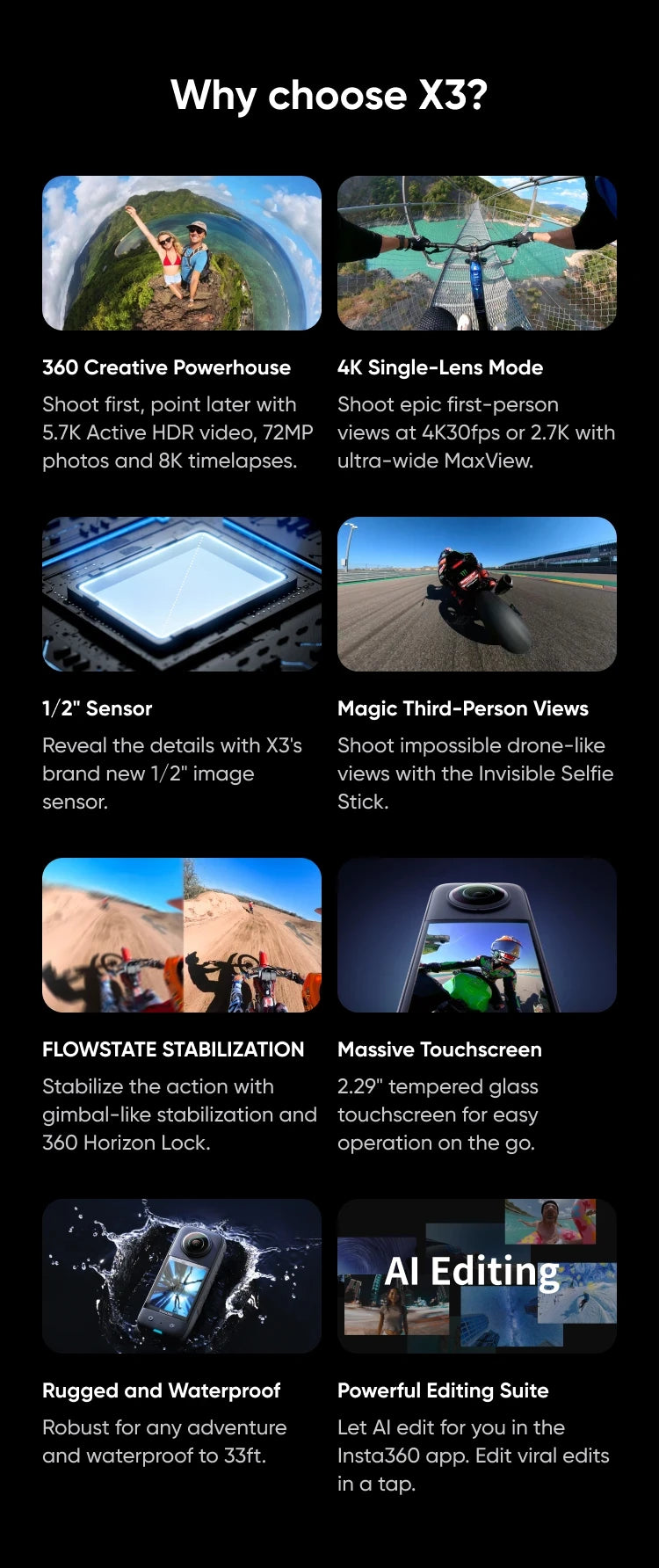 5.7K 360° Action Camera with 4K Single Lens Recording and FlowState Stabilization
