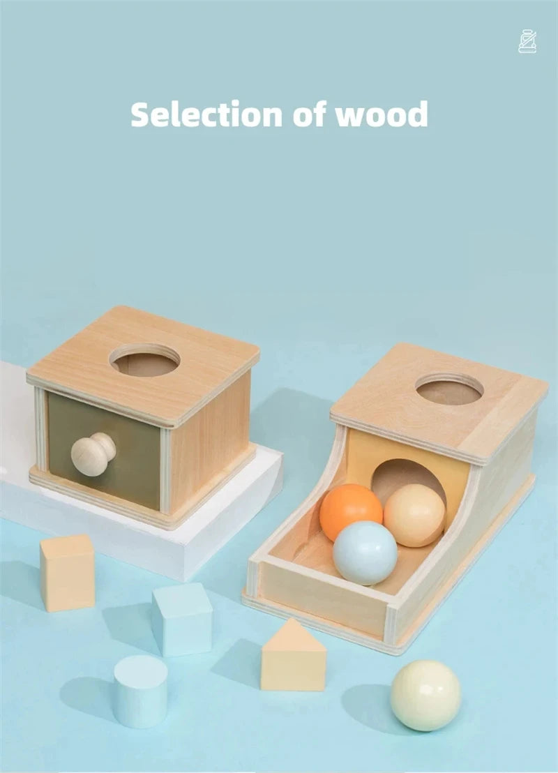 Montessori Coin Ball Box  Toy Wooden Object Permanence Box Macaroon Color Spinning Drum Drawer Box Educational Toys