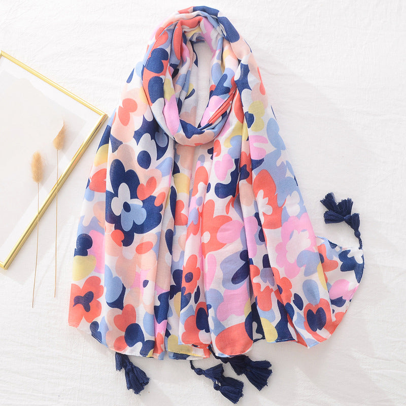 Spring Scarf Pink Blue Floral Paisley Printed Scarves Women Lady Girl Cotton Linen Bohemian Scarf For Summer Beach Shawl Bandana