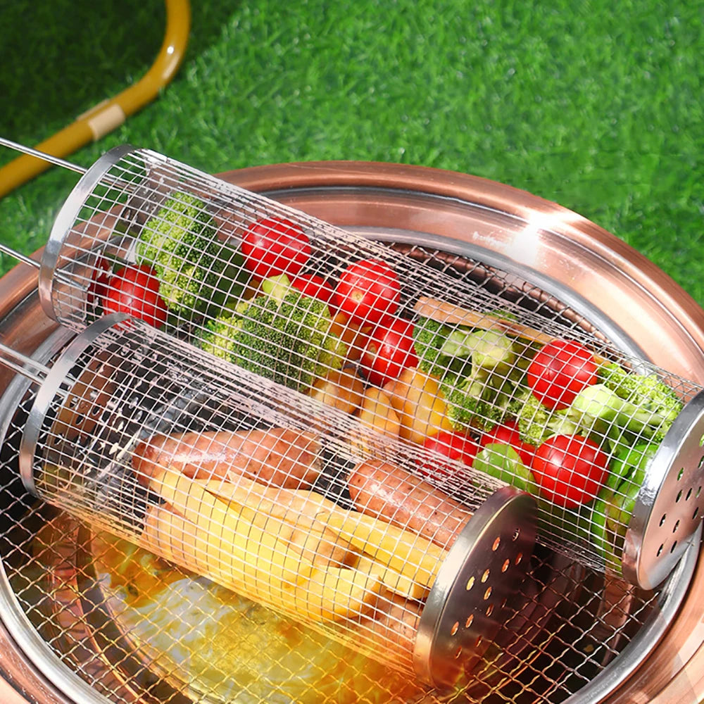 Stainless Steel Grill Basket Portable Barbecue Cage Rolling Grilling Basket Barbecue Tool BBQ Basket Outdoor Grill Accessories