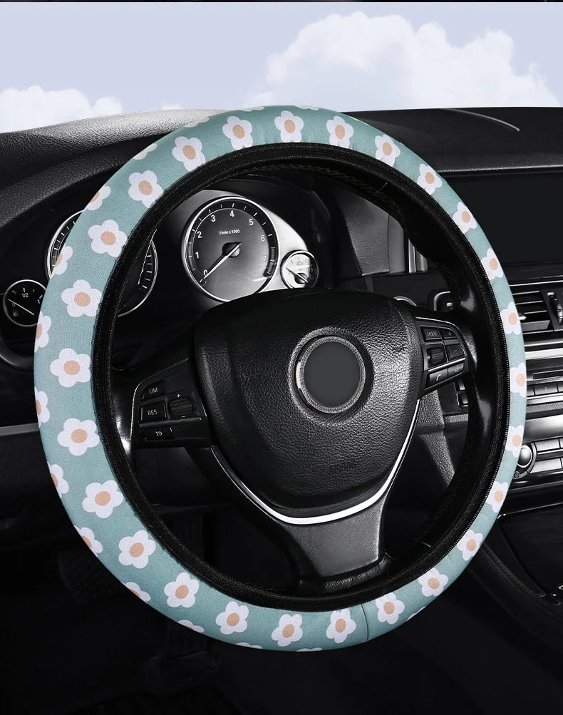 Floral Flannelette Car Steering Wheel Cover Anti Slip 38CM
