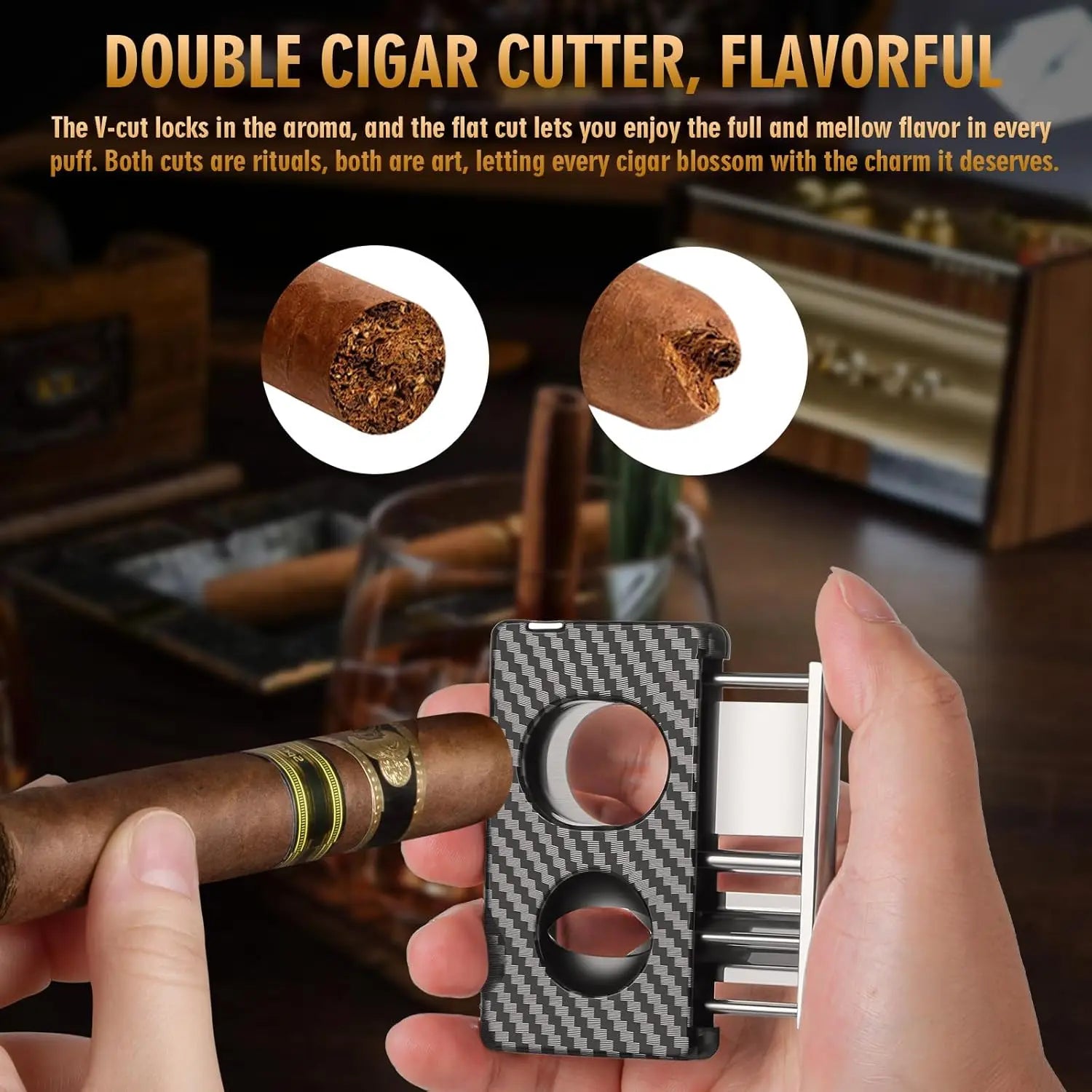 Cigar Cutter,5 in 1 Cigar Cutter Set,Built-in Cigar V Cutter, Flat Cutter, Cigar Punch, Cigar Draw Enhancer and Cigar Holder