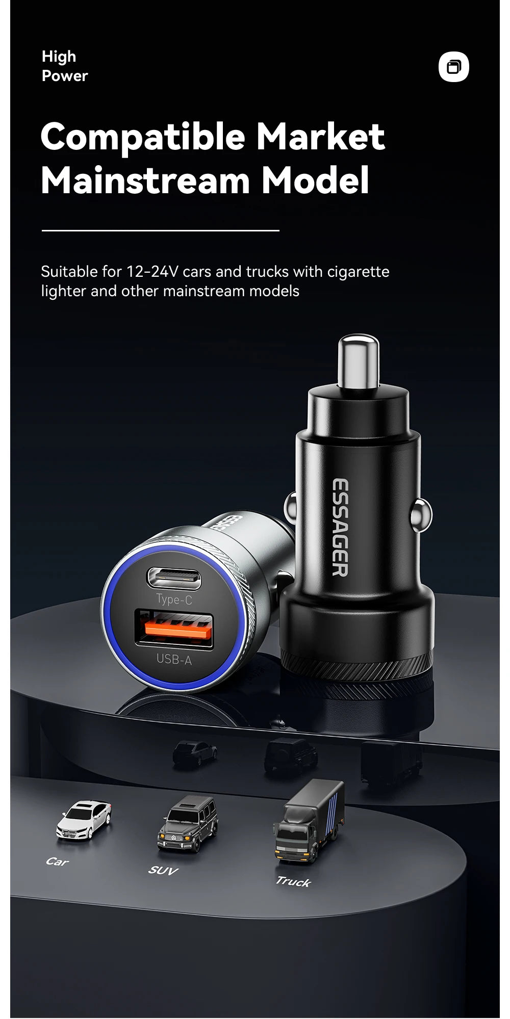 54W USB C Car Charger PD 3.0 QC 3.0 Fast Charging Dual Port 5A Type C USB Car Charger