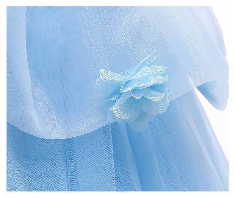 Summer Girls Flower Cosplay Costume Ball Gown Princess Kids Blue Clothes Dress Lace Mesh Birthday Party Clothes for Children