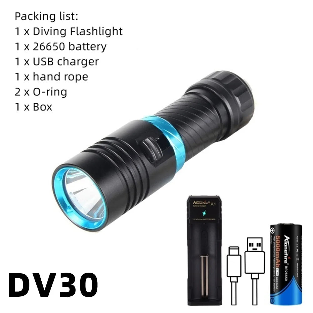 12W Diving Flashlight Rechargeable Underwater LED Torch