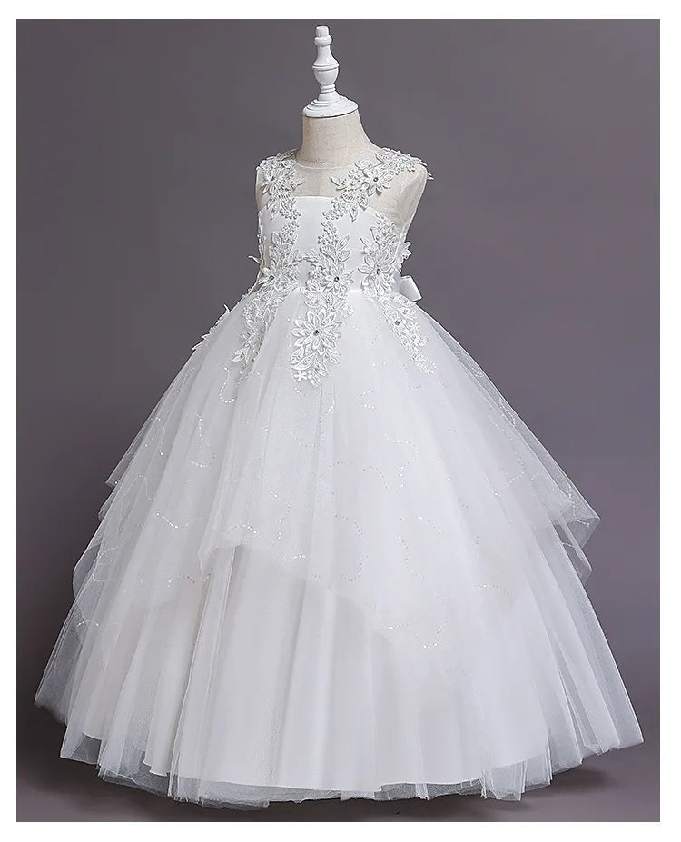 Summer Flower Girls Party Lace Dress Kids Long Princess Dress Mesh Children's Day Clothing Gowns for Girls for Wedding