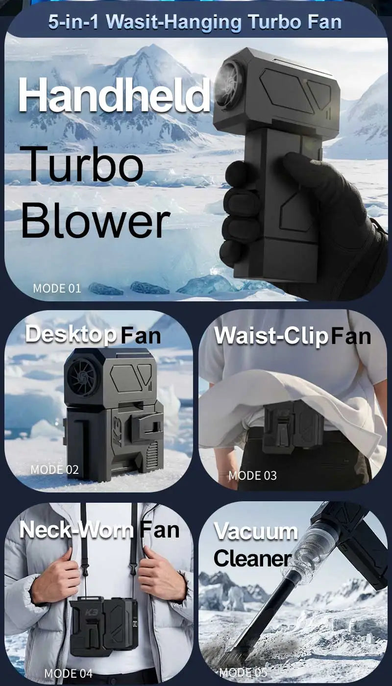 2-in-1Waist Fan&Powerful Turbo Air Blower Cordless Vacuum Cleaner Air Duster Brushless Motor LED Digital Display Car PC Cleaning
